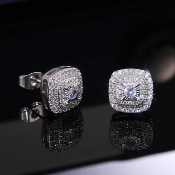 Mens Solid 925 Sterling Silver 3ct Diamond Square Stud Earrings Jewelry Studs ct